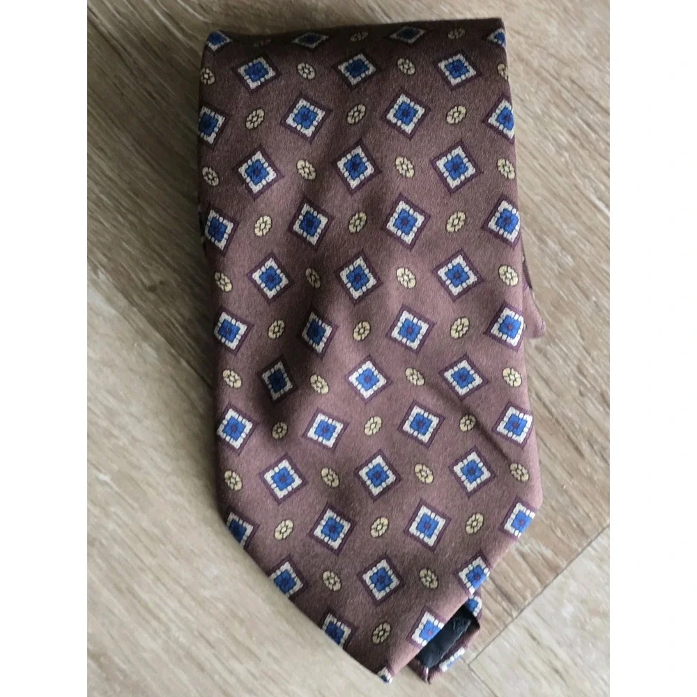 Vintage 90s FENDI Cravatte Tie Brown Blue Geometric Old Money Made in Italy Prep